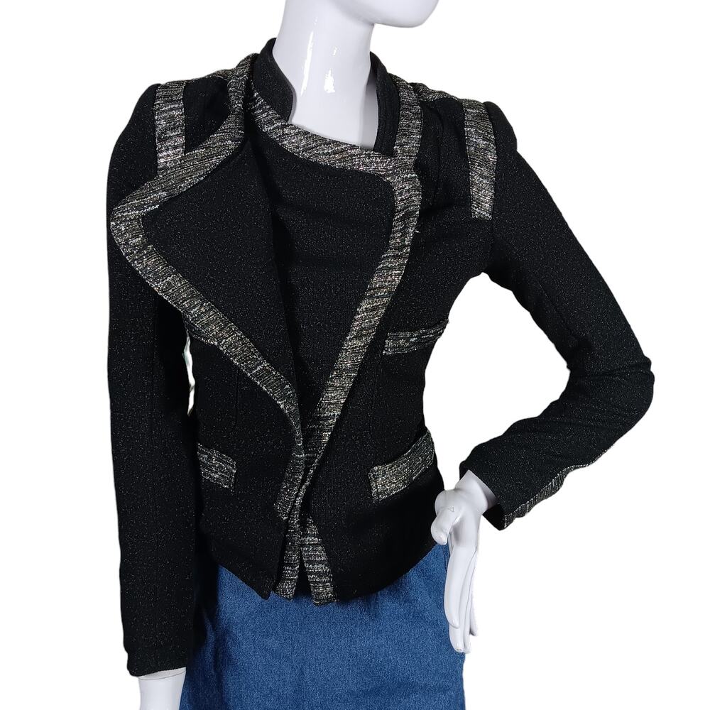 Comme Moi Moto Blazer Size Small Black with Silver Knit Accents Slanted Zipper